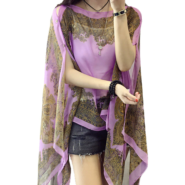 Autumn Summer Woman Chiffon  Flower Shawl Cover Ups Long Sleeve Shirts