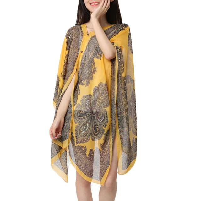 Autumn Summer Woman Chiffon  Flower Shawl Cover Ups Long Sleeve Shirts