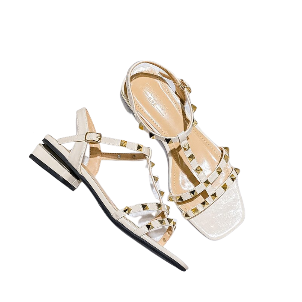 Low heel women's rivets sandals thin ribbon flat shoes comfy