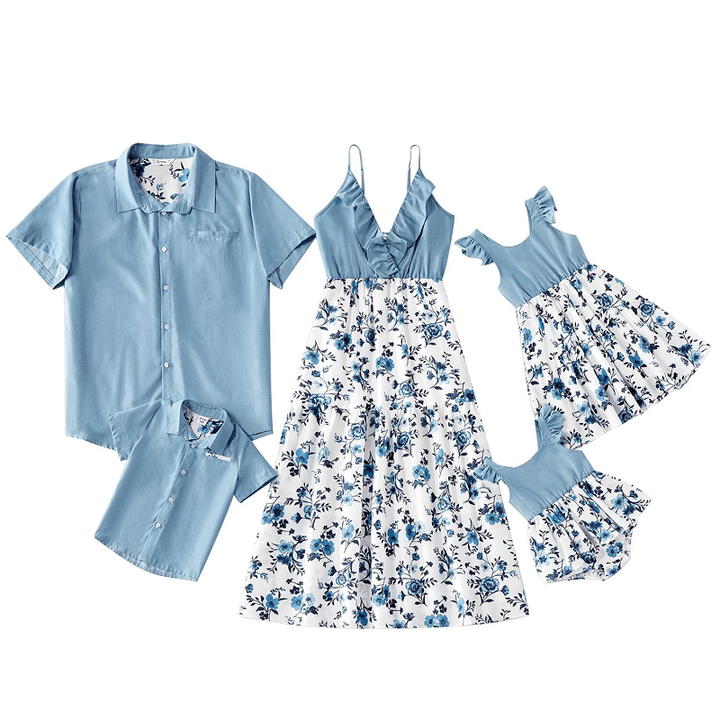 Summer & spring mosaic cotton family matching floral printed dresses sets iciCosmetic™