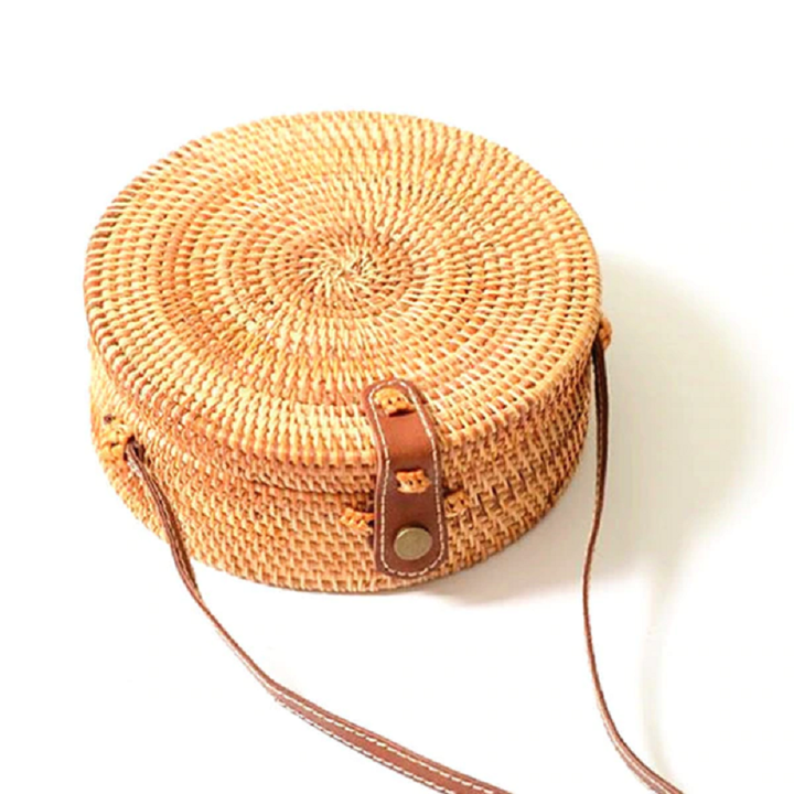 Woven rattan bag round straw shoulder bag